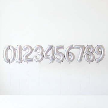 Handwritten metallic digits 0 to 9 on white background. Shiny silver numbers for coding, passwords, and digital design templates.