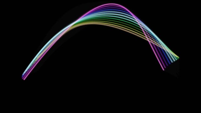 Abstract rainbow colored light arc path motion graphics background fluid animation of a rainbow-colored tracing a against a black background, useful for design and creative visual