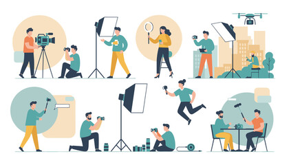 Fototapeta premium Big collection of video production and photography creative crew working with professional studio equipment.