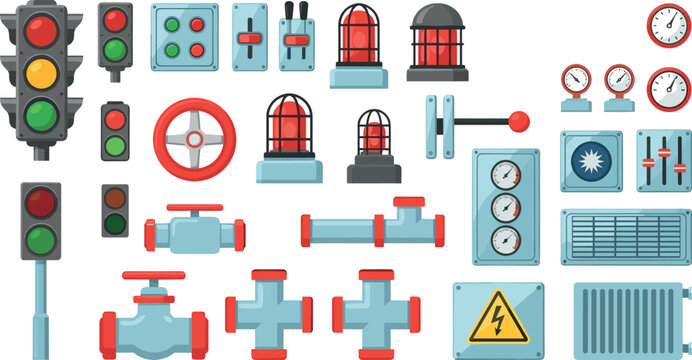 Industrial control panel dashboard elements set with pipes valves pressure gauges lever switches alarms and warning lights vector cartoon illustration