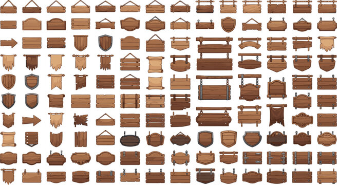 Massive mega bundle of rustic wooden signboards hanging signs shields ribbons and parchment scrolls medieval game UI assets vector cartoon set