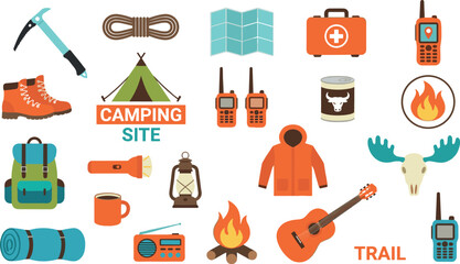 Outdoor camping and hiking equipment flat icon set with tent backpack map campfire first aid kit and survival gear vector illustrations © jamirul