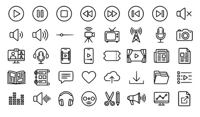 Fototapeta premium Modern Media Icon Set with News Broadcasting Entertainment and Digital Content Line Icons Vector