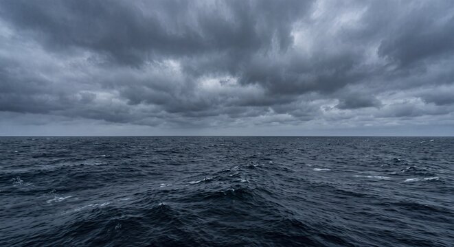 Stormy open ocean under heavy grey clouds