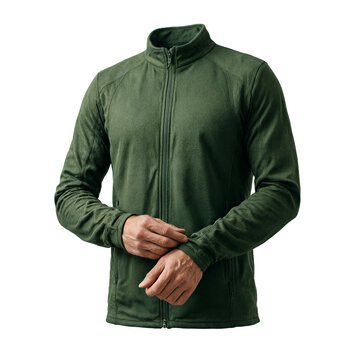 Fleece jacket clothing man wearing a green tactical midlayer isolated on a transparent background for outdoor apparel catalogs