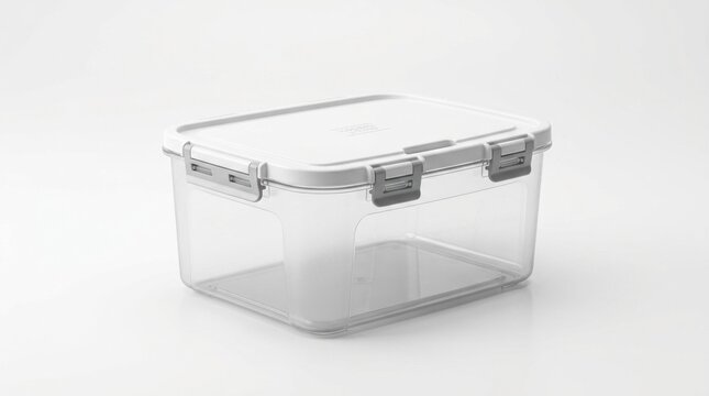 A transparent plastic container with a lid and two handles, placed on a white surface with a white background.