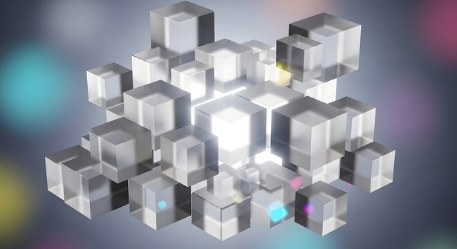 Floating transparent glass cubes forming a cluster on blurred background.