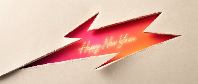 Torn beige paper with a sharp jagged opening reveals a glowing pink and orange gradient background with illuminated cursive Happy New Year text
