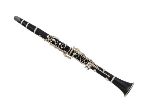 Elegant black clarinet with silver keys, isolated on a white background