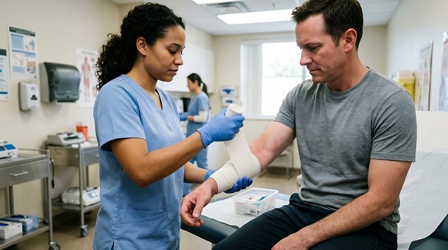 A nurse wrapping a bandage around a male patient arm in a medical office.