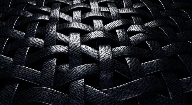 Abstract carbon fiber woven texture with dark metallic finish and depth.