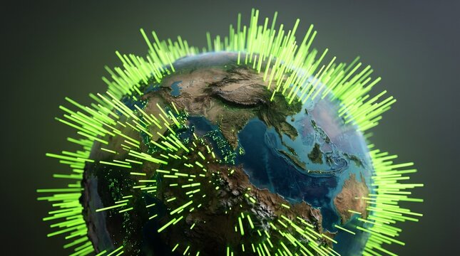 3D glowing green light beams emanating from planet earth globe for global connectivity technology and green energy concept