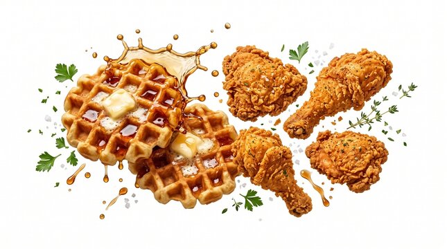 Floating Crispy Fried Chicken and Belgian Waffles Isolated on White