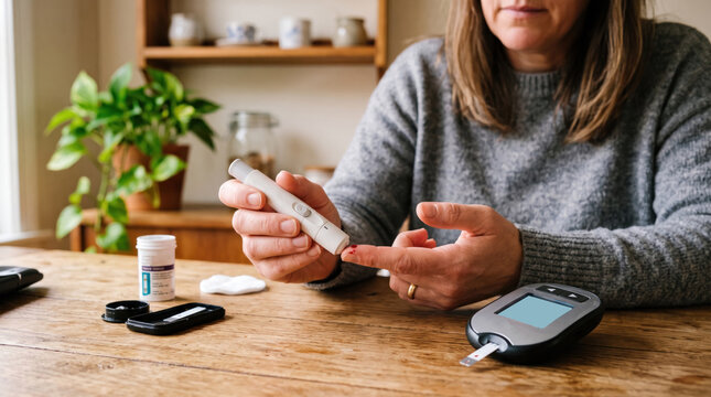 Finger-prick blood sugar test with a lancet device at home