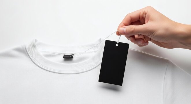 A human hand holds a blank black rectangular merchandise tag just above a pristine white cotton garment indicating potential pricing or branding for new clothing items and retail purchases