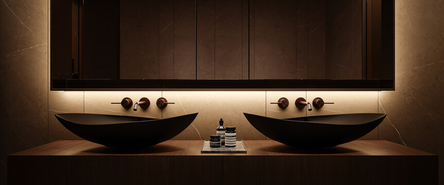 Modern low light interior design of bathroom. Close up of black bathroom sink. 3D Rendering, 3D Illustration
