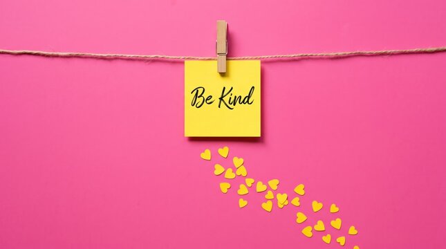 Sticky note reading be kind on a pink background