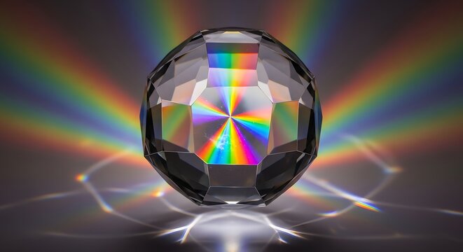 Crystal faceted sphere refracting rainbow light creating a vibrant spectrum and abstract patterns.