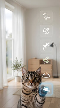 Photo of a cat using modern holographic vertical interface, paw touching glowing mouse icon on transparent augmented overlay in bright home interior, combining pet behavior and sci‑fi digital concept