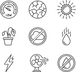 Fototapeta premium Minimal black line icons representing climate change, drought, plant care, skin allergy, humidity, air conditioning, laundry drying, and environmental sustainability concepts.