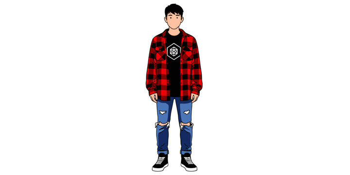 Young man in red flannel shirt and ripped denim jeans