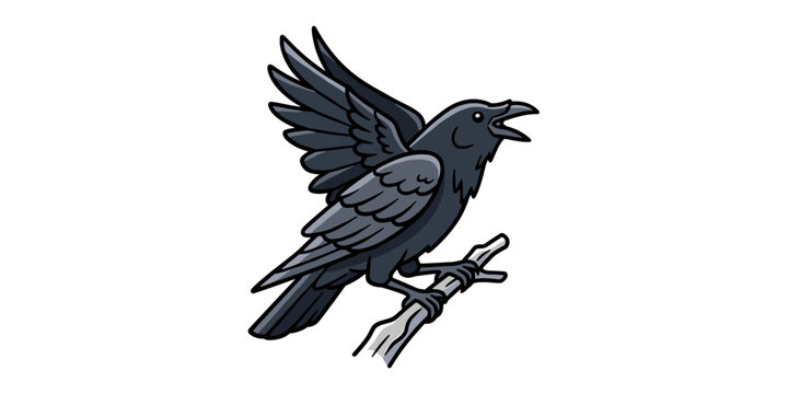 Crow perched on branch squawking with open wings