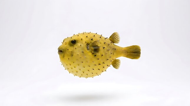 A single yellow pufferfish isolated on a white background.