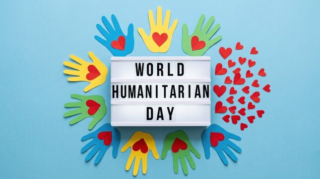 World Humanitarian Day flat lay with paper hands and hearts