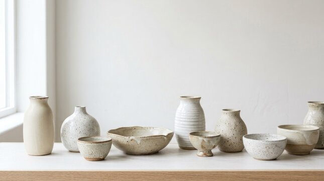 A collection of ceramic pottery, including vases, bowls, and cups, arranged on a wooden shelf against a plain white wall.