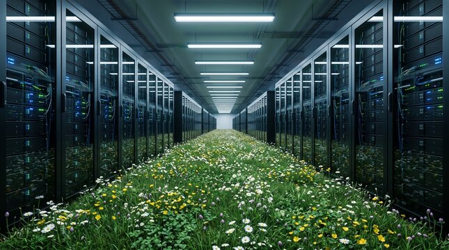 Data center aisle with grass and wildflowers growing on floor indoors for sustainable technology green IT concept