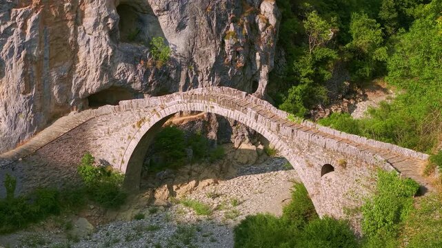 Aerial view of the Kokkorou Stone Bridge in Zagori, Epirus, Greece