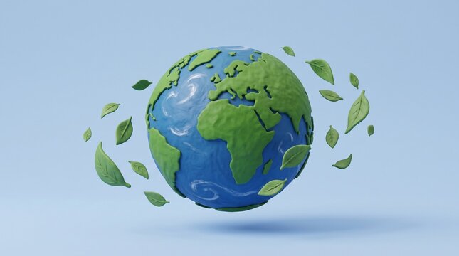 3D clay planet earth with floating green leaves studio shot on light blue background for ecology and environmental conservation concept