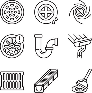 Plumbing and drainage line icons set featuring shower, faucet, drain, sink, pipe, gutter, and clogged drain maintenance symbols in a clean outline vector style.