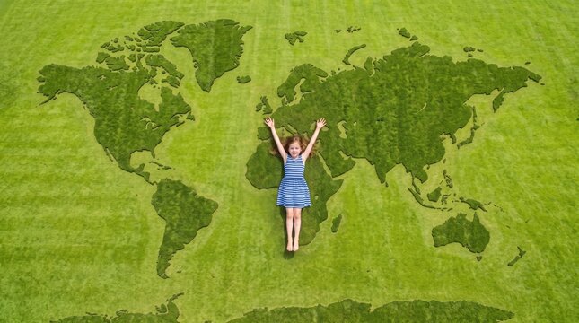 Girl lying on grass shaped like a world map
