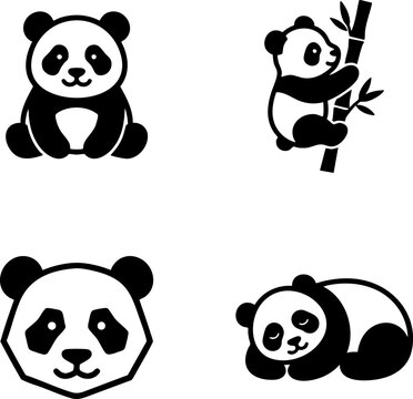 Panda vector logo icon set. Black silhouette giant panda bear, bamboo climbing, geometric head, and sleeping panda collection for branding.