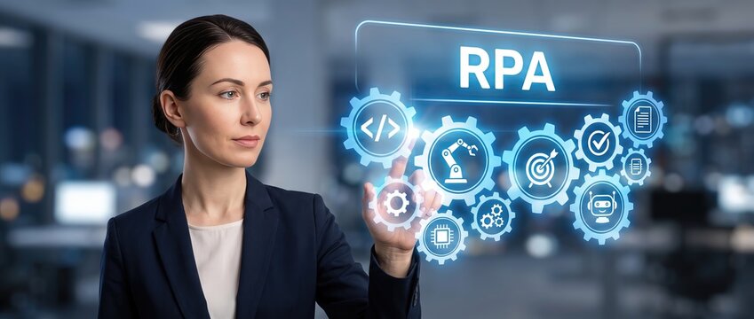 Confident businesswoman engaging with advanced robotic process automation technology in a sleek office setting highlighting the future of automation and innovation