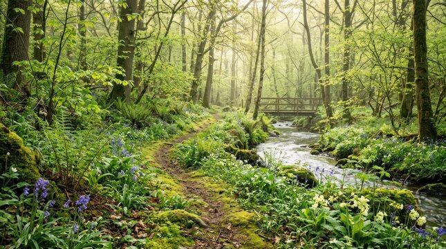 A serene forest path with a wooden bridge, surrounded by lush greenery and a flowing stream, with a bridge crossing a small stream in the background.