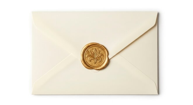 Elegant cream-colored envelope sealed with a golden floral wax stamp, top view on white background