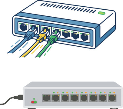 Flat vector illustration of a network switch with connected Ethernet cables, representing internet connectivity, LAN networking, data communication, and computer network infrastructure.