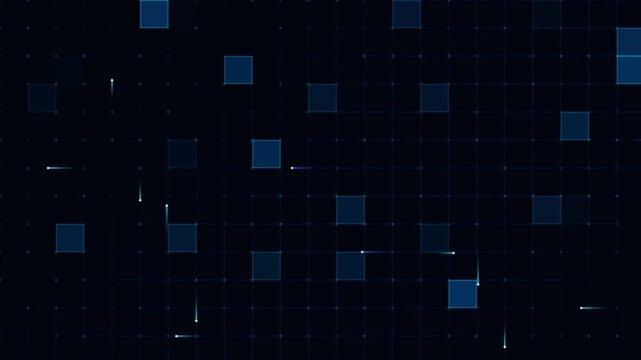 Abstract digital grid data particles motion background a dark tech-inspired featuring a glowing blue pattern with animated square blocks and light trails, ideal for corporate