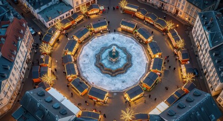 Obraz premium Charming European Christmas Market Illuminated at Night Surrounded by Festive Stalls and a Central Fountain