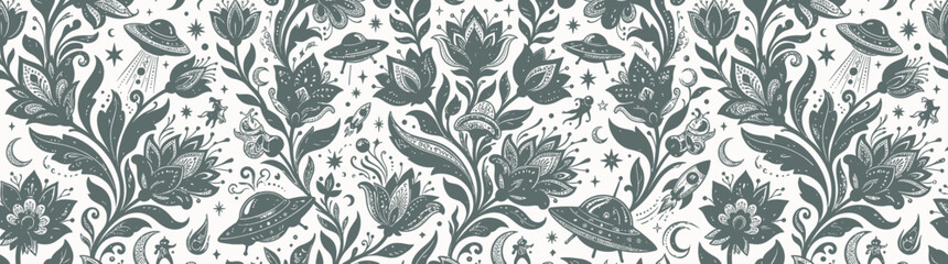 Whimsical floral and celestial UFO pattern © hejue