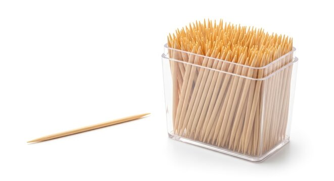 Wooden Bamboo Toothpicks in Transparent Plastic Container Isolated on White Background