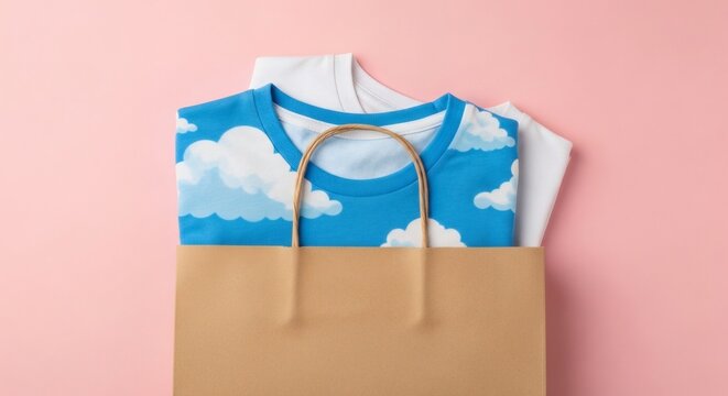 Folded apparel a blue t shirt with cloud patterns and a white top rests in a brown paper carrier on a pink surface This display promotes fashion retail and sustainable shopping concepts