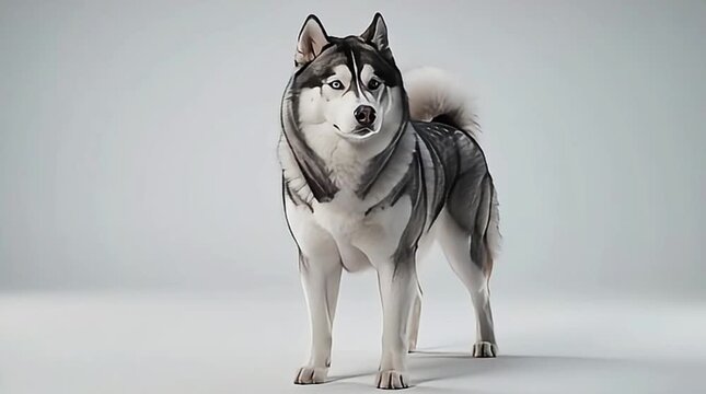 Siberian husky standing and turning its head on a white background