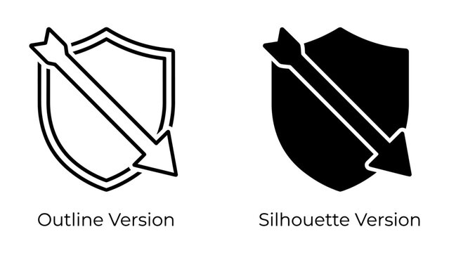 Shield and Arrow Icon Set: A graphic representation of a shield with an arrow striking it, presented in both outline and silhouette versions, symbolizing protection and defense.
