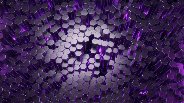 Abstract 3D background with embossed hexagonal panels and purple light.
