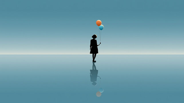 Minimal Figure in Blue Landscape with Floating Thought Symbol