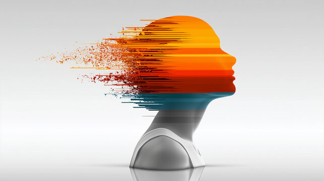 Human Profile Dissolving into Sunset Colors in Mental Transformation Concept