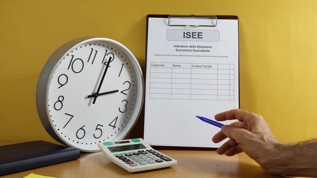 A printed ISEE form on a desk with a ballpoint pen in a man's hand. A wall clock illustrates the passage of time